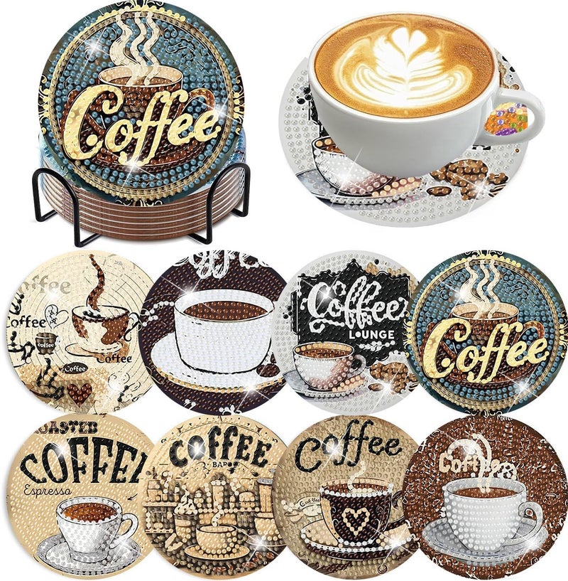 Ekuxom 8 PCS Coffee Diamond Art Coasters Kits with Holder, Diamond Painting Coasters Kits, Non Slip DIY Crafts Art Coaster Kit for Home Decor - Image 1