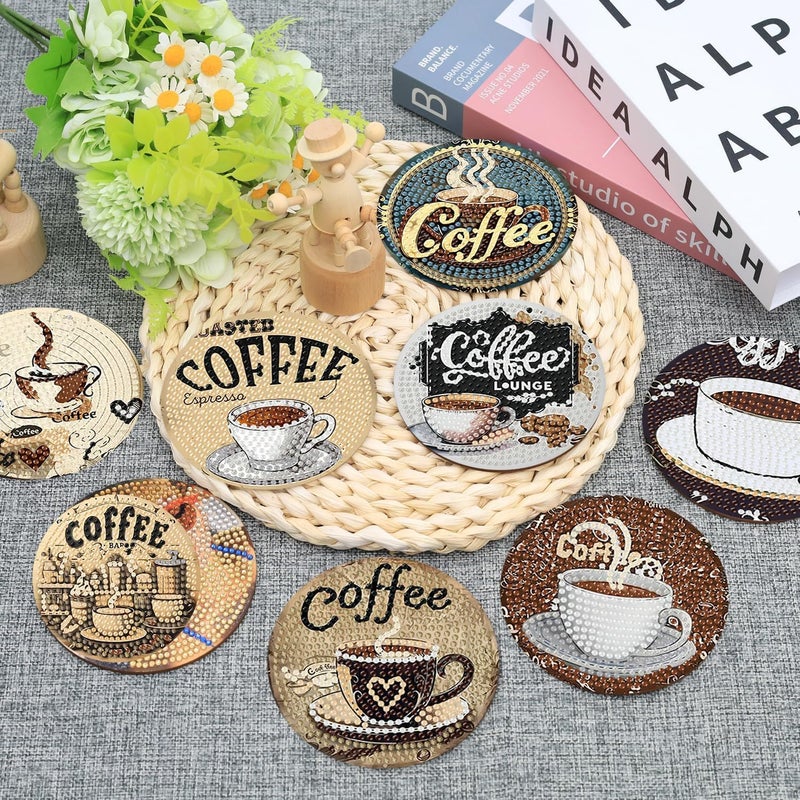 Ekuxom 8 PCS Coffee Diamond Art Coasters Kits with Holder, Diamond Painting Coasters Kits, Non Slip DIY Crafts Art Coaster Kit for Home Decor - Image 2