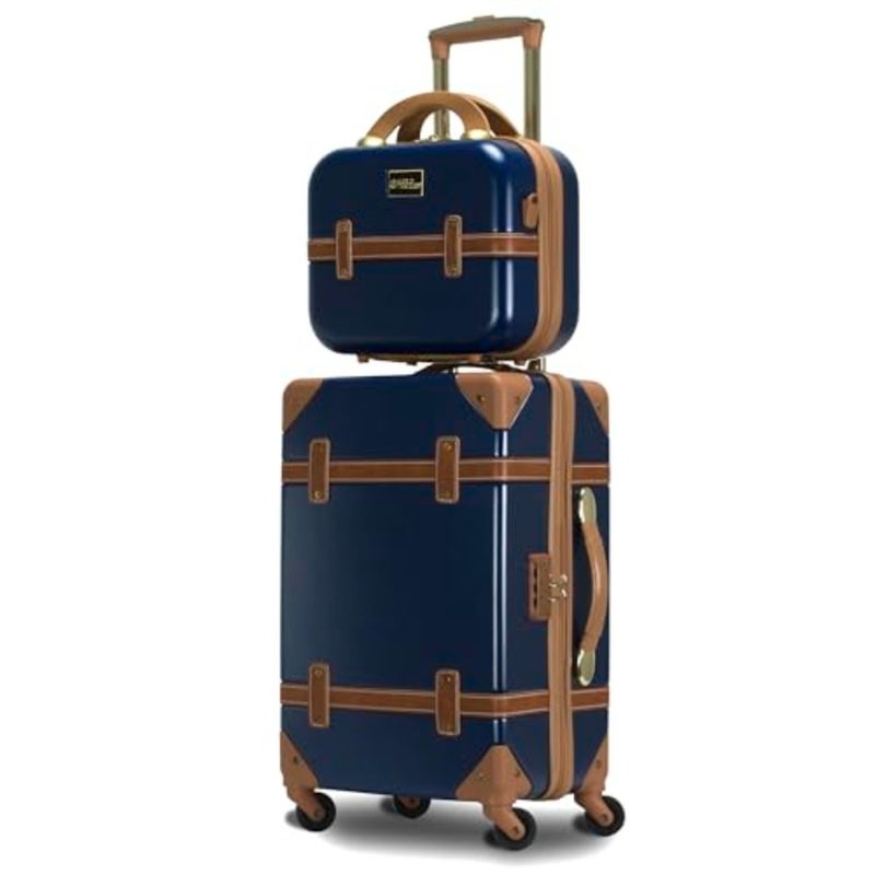 Vintage-style hardside carry-on luggage set for travel, ABS material, navy blue, lightweight with 360 spinner wheels and retro train-inspired design - Image 1