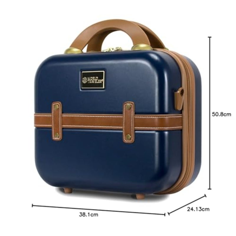 Vintage-style hardside carry-on luggage set for travel, ABS material, navy blue, lightweight with 360 spinner wheels and retro train-inspired design - Image 3