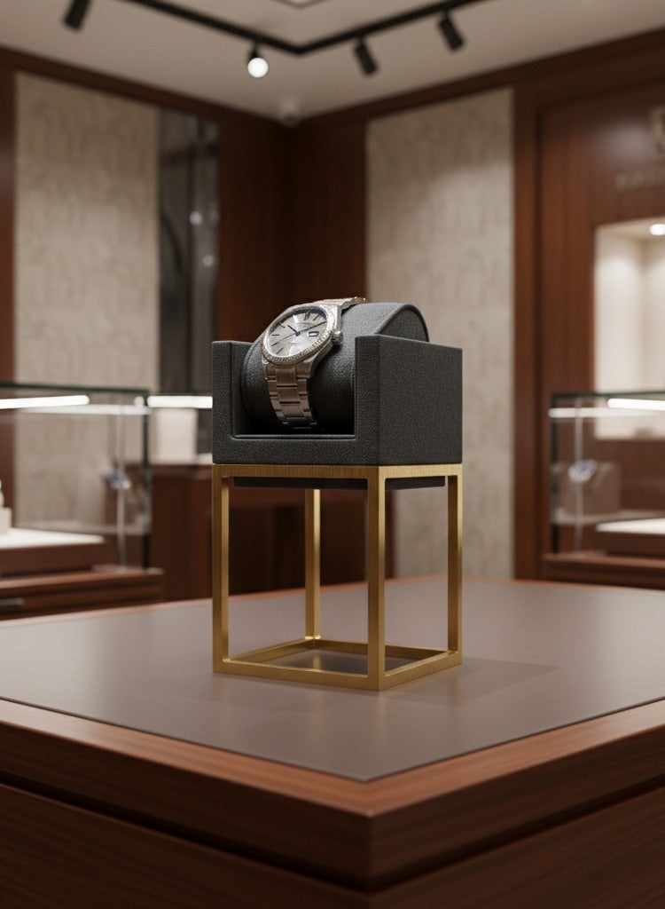 Al Seraj Luxury Medium Watch Display Stand with Gold Metal Base | Premium Grey Microfiber Watch Holder | 14 cm Elegant Watch Display for Jewelry Stores, Retail Counters, Collectors & Luxury Watch Presentation - Image 2