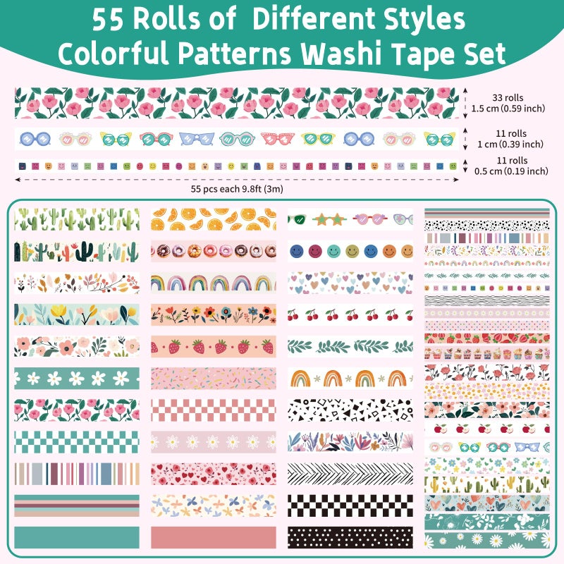 Mooker 55 Rolls Holiday Washi Tape Set - Decorative Tape Seasonal Bohemian Colored Tape, Cute Washi Tapes for Journaling Supplies, Scrapbooking Supplies kit, Summer Scrapbook Supplies - Image 2