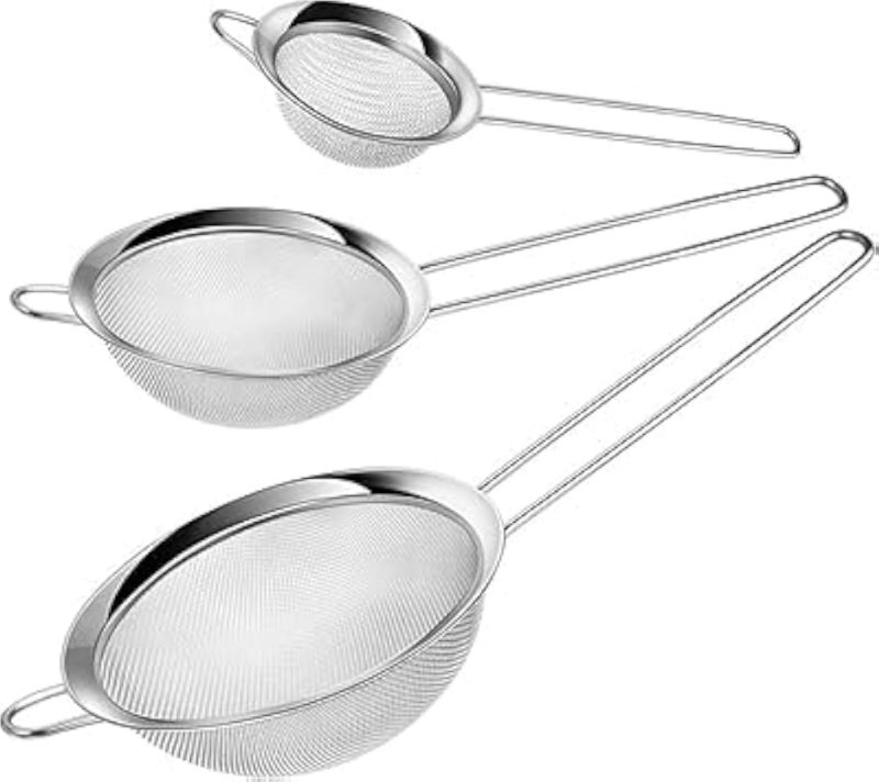 Strainer Sieve Set Stainless Steel Fine Mesh 3 Pcs Kitchen Strainer With Handle And Hook For Tea Juice Flour Baking Dishwasher Safe