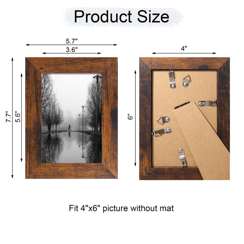Irahmen 4x6 إطار الصورة مجموعة من 4 مع HD Glass 4 × 6 إطارات صور ريفية خشبية للتصاعد الأفقي أو العمودي أعلى وجدار تصاعد - Image 2