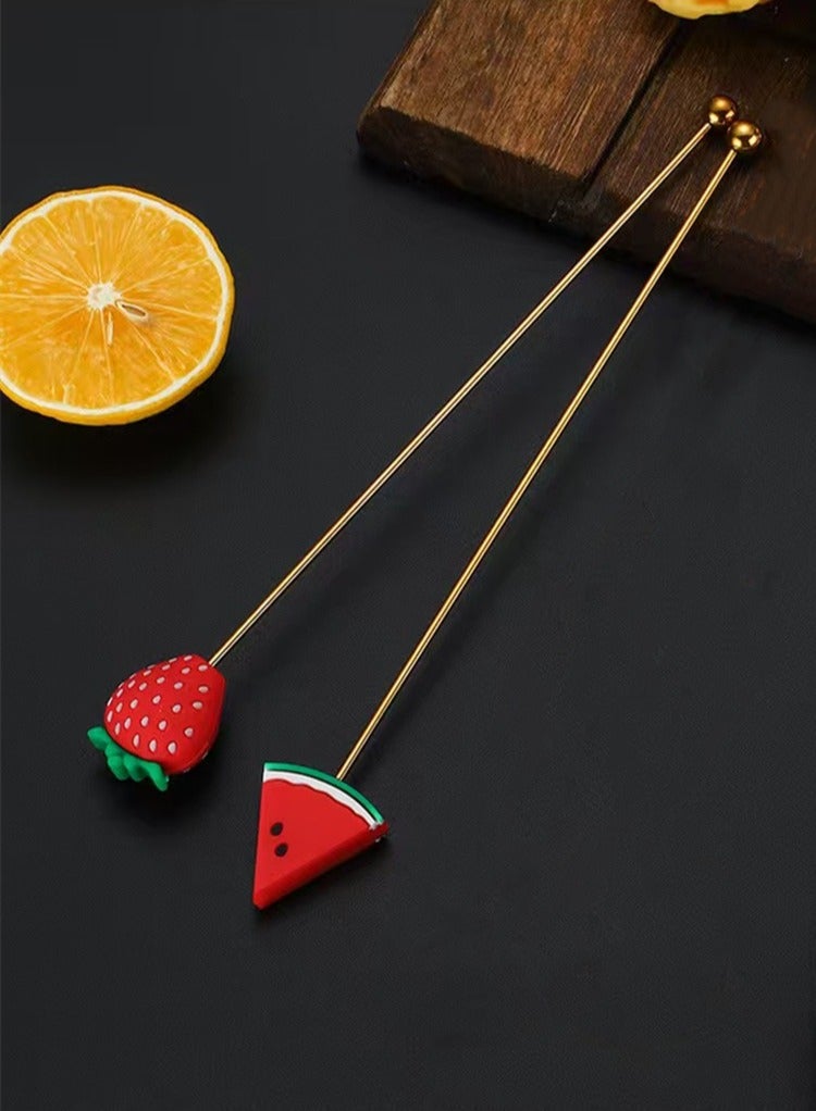 2Pcs Silicone Fruit Head Stainless Steel Stirring Rod Long Handle Cocktail Drinks Mixing Sticks Mixer Barware Muddler Bar Accessories Strawberry&Watermelon  - Image 1