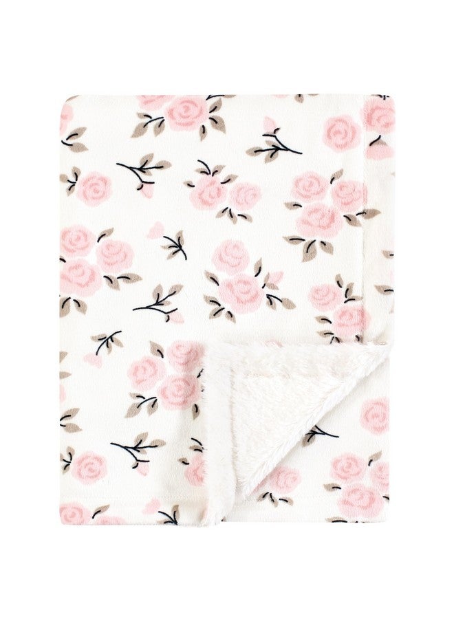 Hudson Baby Infant Girl Plush Blanket with Furry Binding and Back, Neutral Pink Floral, One Size - Image 1