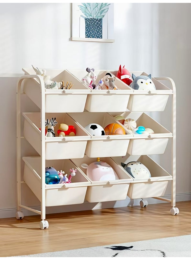 ChenDa Kids Toy Storage Rack, 3-Tier 9 Compartments Mobile Organizer with Casters for Kids' Essentials (PP Bins, Round Corner Protection, Washable) - Image 1