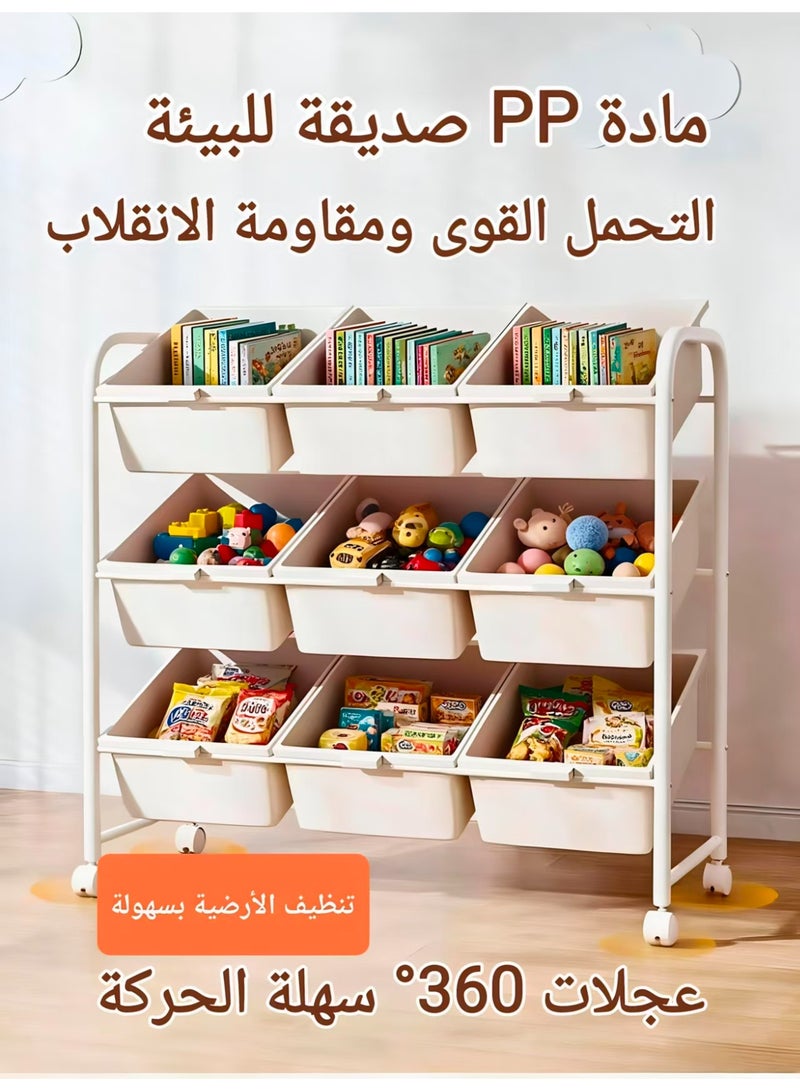 ChenDa Kids Toy Storage Rack, 3-Tier 9 Compartments Mobile Organizer with Casters for Kids' Essentials (PP Bins, Round Corner Protection, Washable) - Image 4
