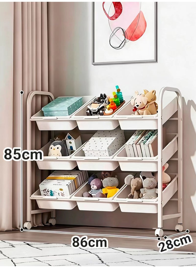 ChenDa Kids Toy Storage Rack, 3-Tier 9 Compartments Mobile Organizer with Casters for Kids' Essentials (PP Bins, Round Corner Protection, Washable) - Image 5