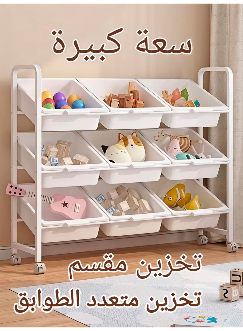 ChenDa Kids Toy Storage Rack, 3-Tier 9 Compartments Mobile Organizer with Casters for Kids' Essentials (PP Bins, Round Corner Protection, Washable) - Image 3