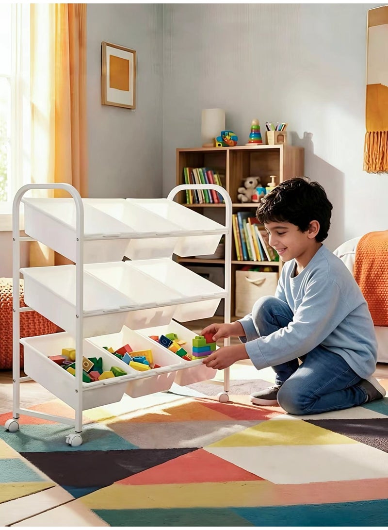 ChenDa Kids Toy Storage Rack, 3-Tier 9 Compartments Mobile Organizer with Casters for Kids' Essentials (PP Bins, Round Corner Protection, Washable) - Image 2