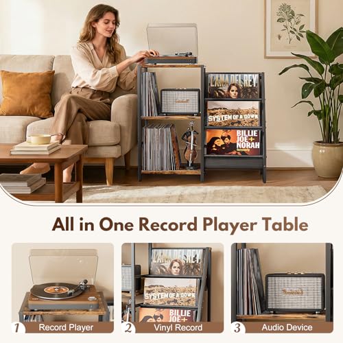Bikoney Record Player Stand, Turntable Stand with 3-Tier Vinyl Record Storage, Record Player Table 200 Albums, End Table with Vinyl Display Holder Shelf, Record Player Cabinet Media Console for Stereo - Image 3