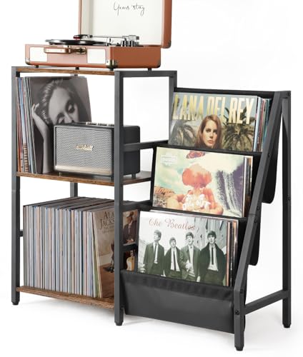 Bikoney Record Player Stand, Turntable Stand with 3-Tier Vinyl Record Storage, Record Player Table 200 Albums, End Table with Vinyl Display Holder Shelf, Record Player Cabinet Media Console for Stereo - Image 1