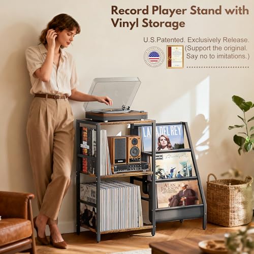 Bikoney Record Player Stand, Turntable Stand with 3-Tier Vinyl Record Storage, Record Player Table 200 Albums, End Table with Vinyl Display Holder Shelf, Record Player Cabinet Media Console for Stereo - Image 2