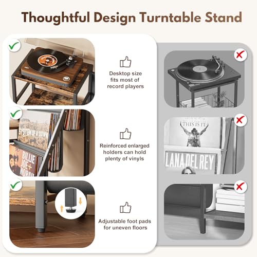 Bikoney Record Player Stand, Turntable Stand with 3-Tier Vinyl Record Storage, Record Player Table 200 Albums, End Table with Vinyl Display Holder Shelf, Record Player Cabinet Media Console for Stereo - Image 5