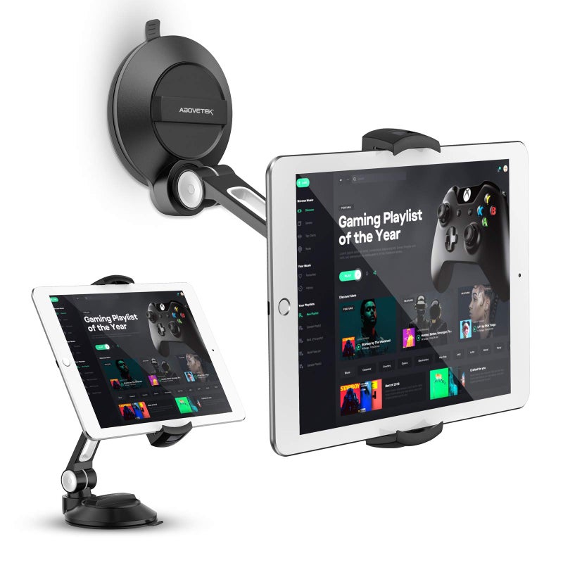 AboveTEK iPad Suction Mount, Phone Tablet Stand Holder with Suction Cup Fits 4"-11" Tablet/Phone/iPad mini/Air, Sticky iPads Mount on Window Bathroom Mirror, for Car Truck Windshield Boat (Black) - Image 1