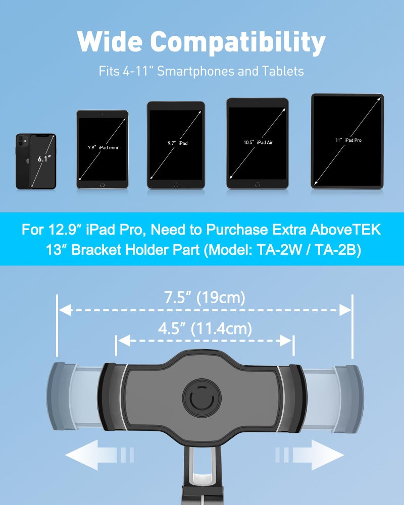 AboveTEK iPad Suction Mount, Phone Tablet Stand Holder with Suction Cup Fits 4"-11" Tablet/Phone/iPad mini/Air, Sticky iPads Mount on Window Bathroom Mirror, for Car Truck Windshield Boat (Black) - Image 2