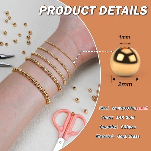 LETORIA 14K 600pcs 2mm Gold Filled Beads for Jewelry Making Small Smooth Round Gold Spacer Beads for Bracelets Non Tarnish Metal Brass for Necklaces Earrings Rings and DIY Craft - Image 2