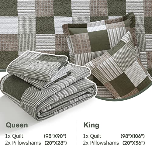 Finlonte Quilts Queen Size - 100% Cotton Queen Comforter Set Green Moonbeam White Plaid Farmhouse Quilt Bedding Set, Reversible Lightweight Soft Bedspread, Quilted Coverlet All-Season, 3-Piece - Image 5