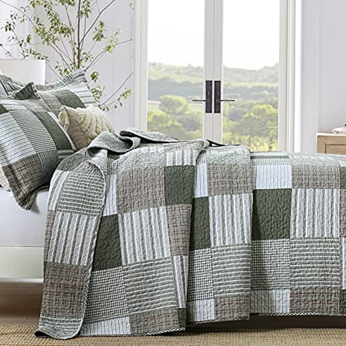 Finlonte Quilts Queen Size - 100% Cotton Queen Comforter Set Green Moonbeam White Plaid Farmhouse Quilt Bedding Set, Reversible Lightweight Soft Bedspread, Quilted Coverlet All-Season, 3-Piece - Image 2