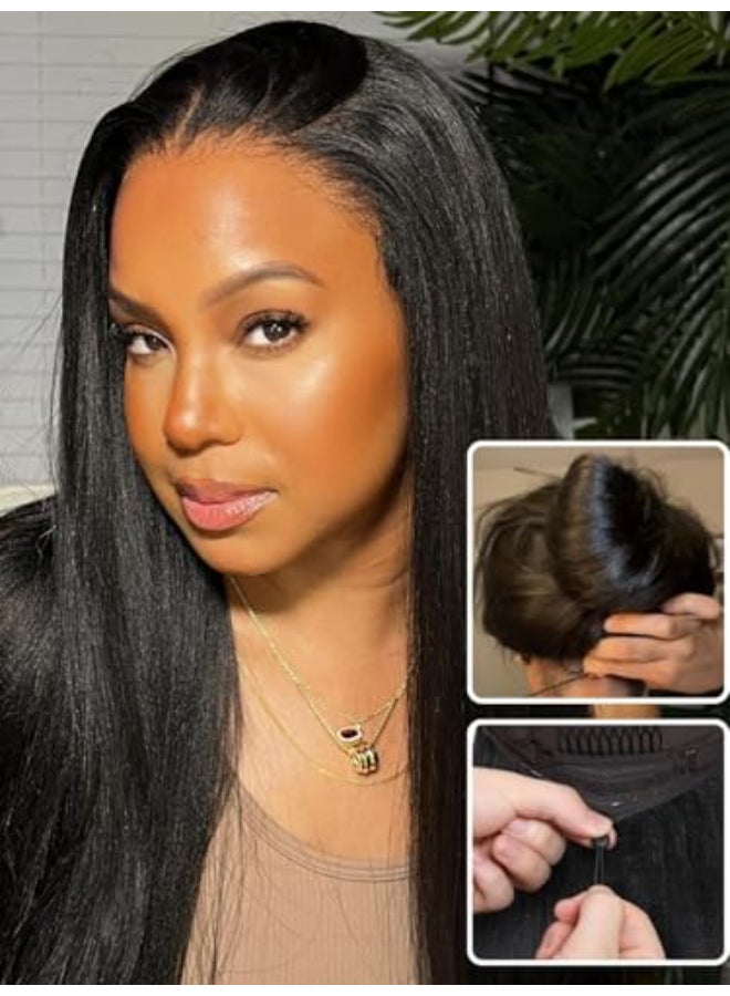 Nadula Bye Bye Knots Yaki Straight Glueless Wig Human Hair with Elastic Drawstring Pre Cut 7x5 Invisible Knots HD Lace Front Put on and Go Wigs Pre Everything Glueless Light Kinky Staight Wigs 18inch - Image 3