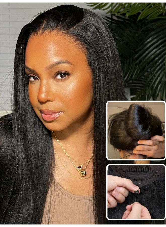 Nadula Bye Bye Knots Yaki Straight Glueless Wig Human Hair with Elastic Drawstring Pre Cut 7x5 Invisible Knots HD Lace Front Put on and Go Wigs Pre Everything Glueless Light Kinky Staight Wigs 18inch - Image 4