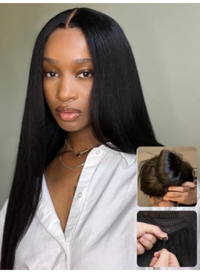 Nadula Bye Bye Knots Yaki Straight Glueless Wig Human Hair with Elastic Drawstring Pre Cut 7x5 Invisible Knots HD Lace Front Put on and Go Wigs Pre Everything Glueless Light Kinky Staight Wigs 18inch - Image 1