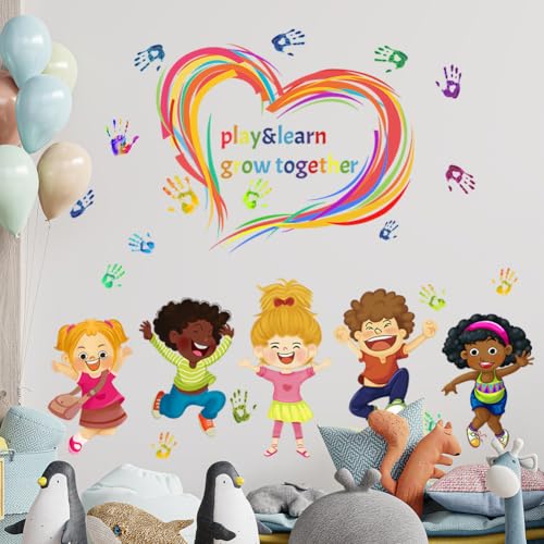 Mirabuy Play Learn & Grow Together Wall Decals Kids Inspirational Quotes Handprint Wall Stickers for Classroom Kids Room Playroom Nursery - Image 2