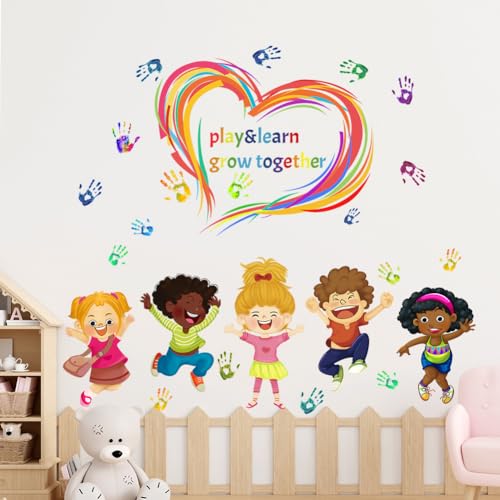 Mirabuy Play Learn & Grow Together Wall Decals Kids Inspirational Quotes Handprint Wall Stickers for Classroom Kids Room Playroom Nursery - Image 4
