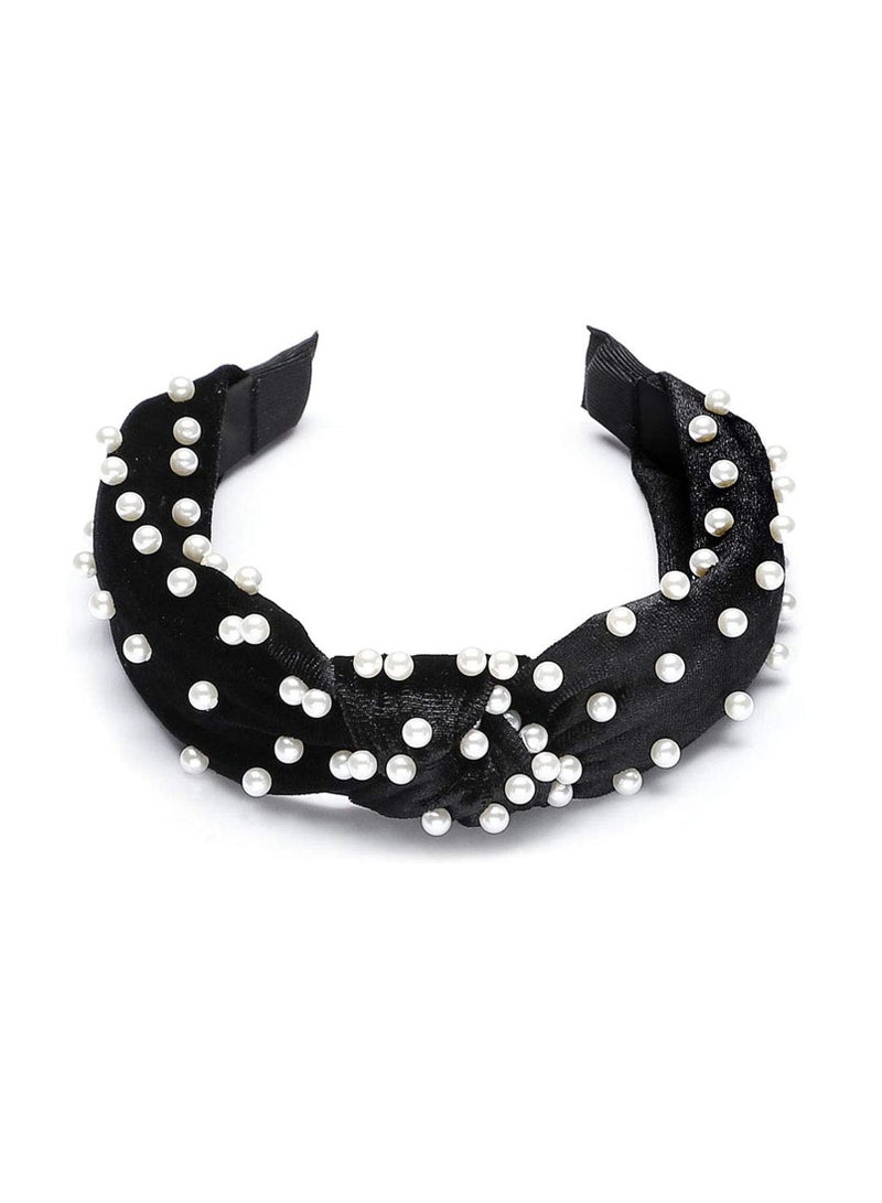 2PCS Fashionable Wide Headbands for Women, Bow Knotted Elastic Hair Accessories for Yoga and Daily Wear - Comfortable and Non-Slip (Black Pearl, Beige Pearl) - Image 3