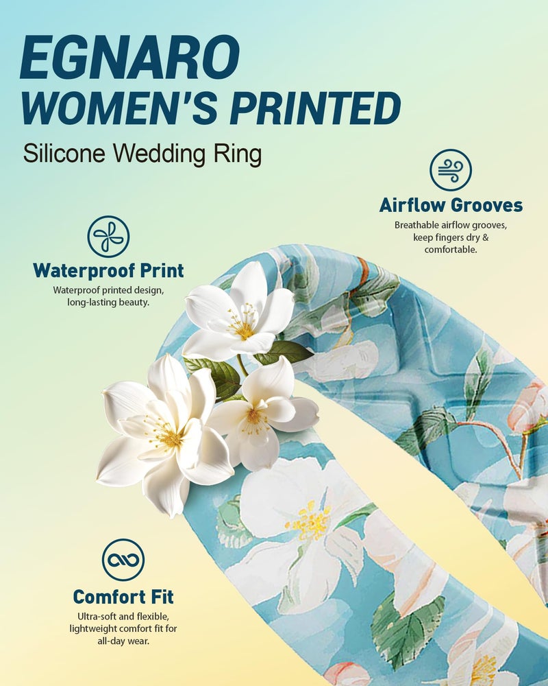 Egnaro Women's Silicone Statement Rings, 5.2mm Wide 2mm Thick Rubber Printed Floral Wedding Bands For Her Size 4-12 - Image 2