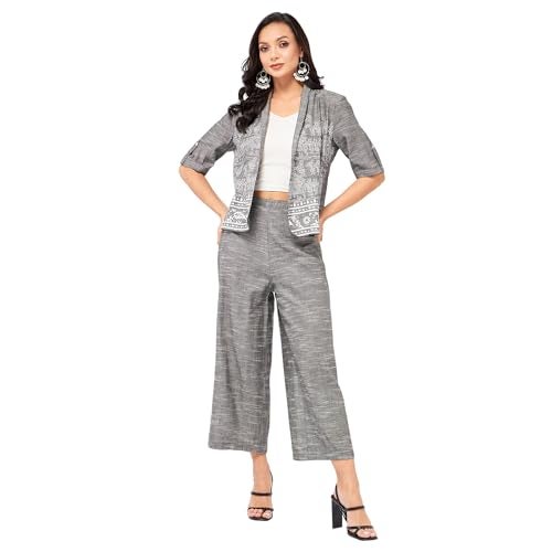 Pannkh Women's Chambray Printed Blazer with Matching Pant Set Stylish Office Suit with Ethnic Print Professional and Trendy - Image 1