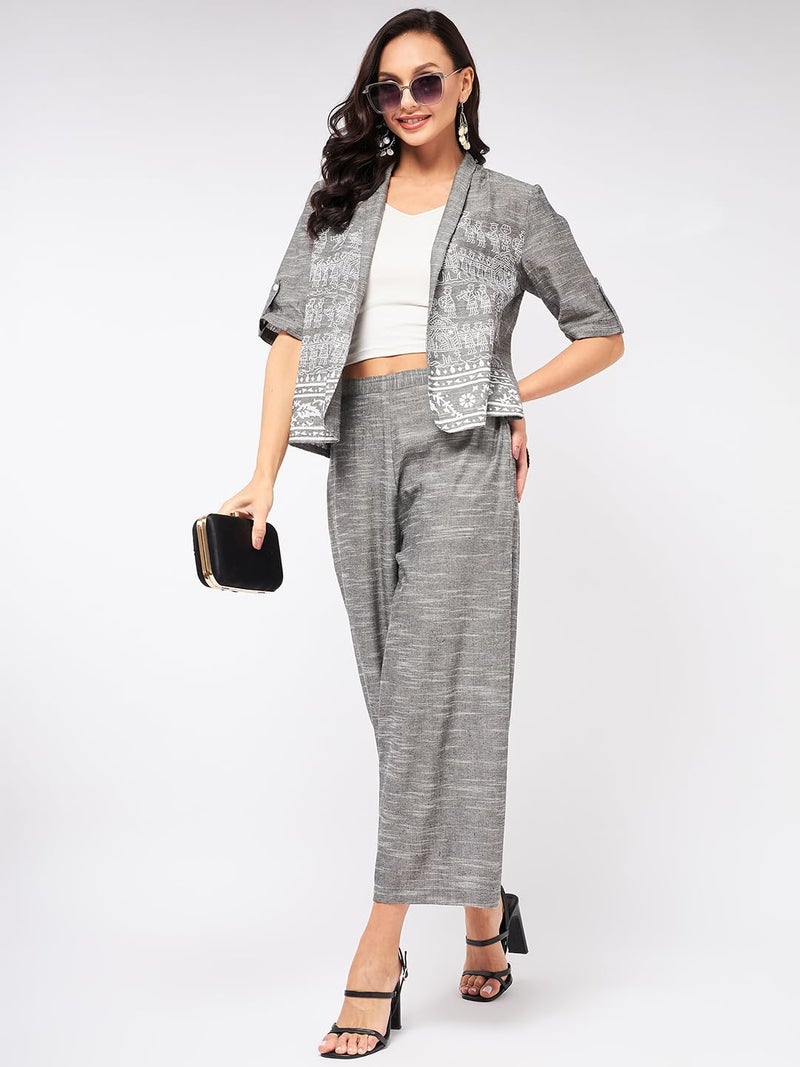 Pannkh Women's Chambray Printed Blazer with Matching Pant Set Stylish Office Suit with Ethnic Print Professional and Trendy - Image 4