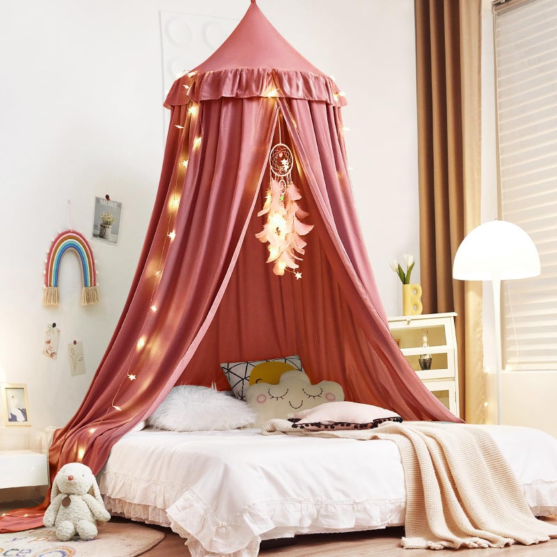 Kertnic Decor Canopy for Kids Bed Soft Smooth Playing Tent Canopy Girls Room Decoration Princess Castle Dreamy Mosquito Net Bedding Children Reading Nook Canopies in Home Red Bean Color