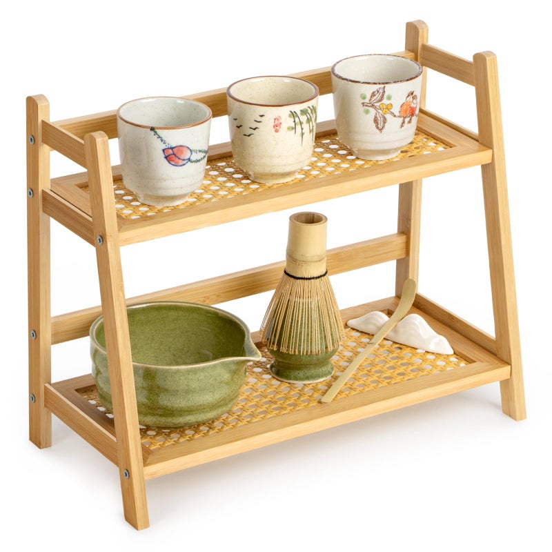 ANBOXIT Rattan-Look Matcha Station Organizer, Countertop Bamboo Tea & Coffee Accessories Station Organizer, 2 Tier Mug Holder Display Stand for Kitchen, Home, Office - Image 1