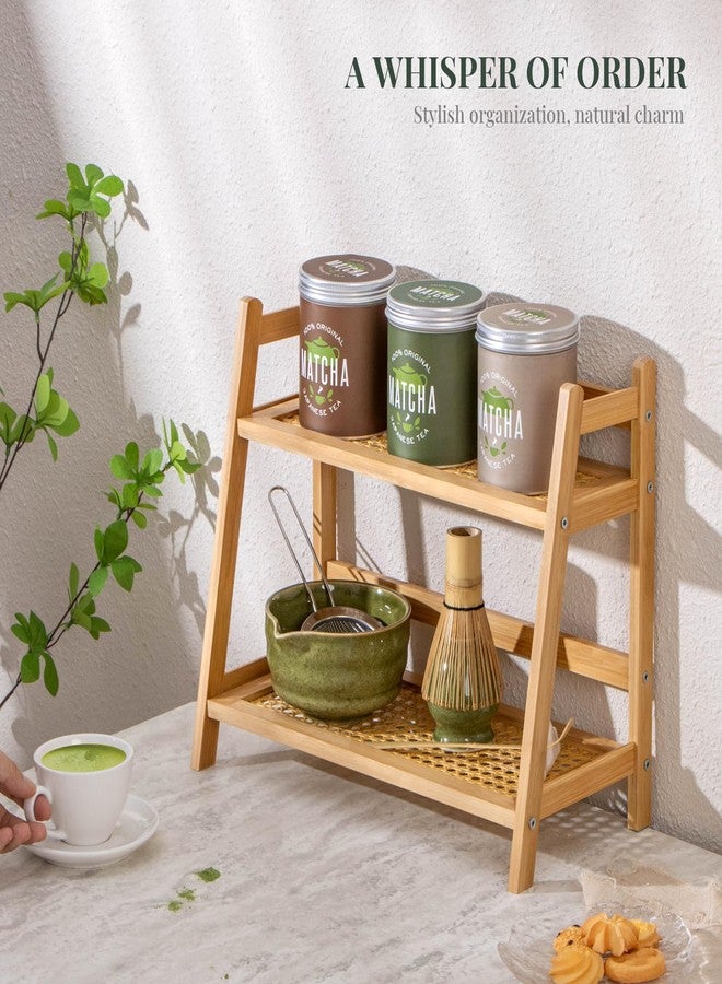 ANBOXIT Rattan-Look Matcha Station Organizer, Countertop Bamboo Tea & Coffee Accessories Station Organizer, 2 Tier Mug Holder Display Stand for Kitchen, Home, Office - Image 3