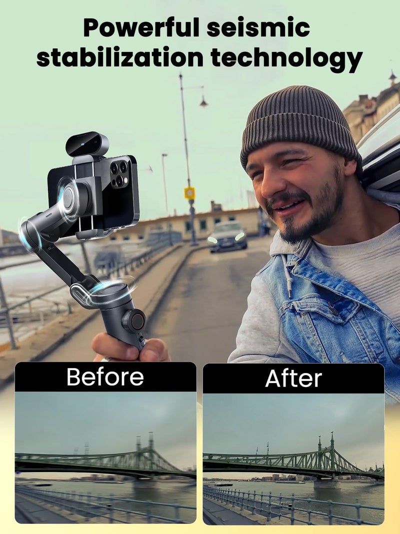 AOCHUAN XE AI Version,Gimbal Stabilizer for Smartphone,NO APP AI Tracking, Gesture Control,360°Inception Gimbal with TikTok YouTube,3-Axis Foldable Handheld Tripod for iPhone& Android,Black - Image 4