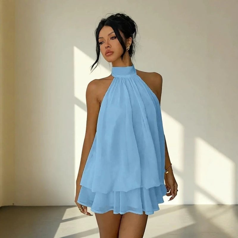 Halter Neck Chiffon Short Dress - Island Resort Tea Dress - Image 1