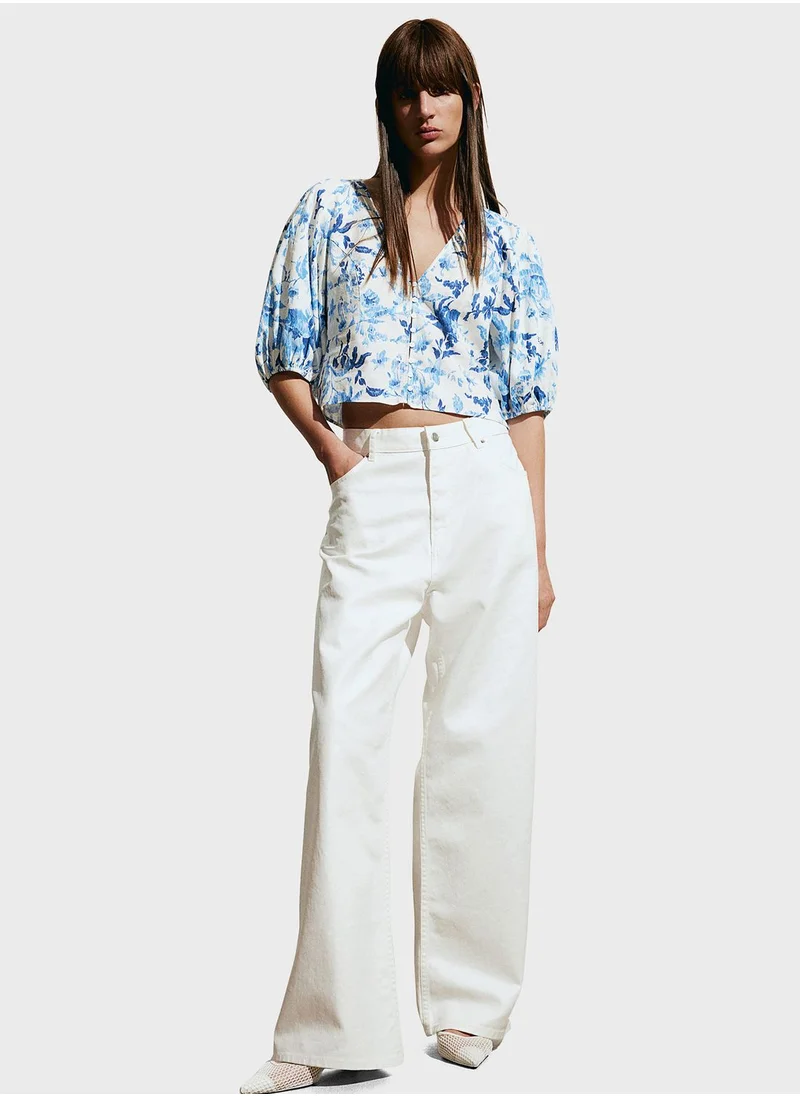 H&M Floral Print Puff Sleeve Crop Top