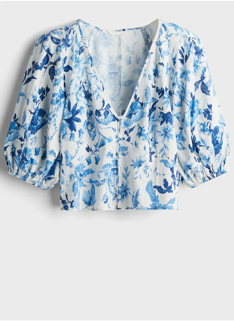 H&M Floral Print Puff Sleeve Crop Top