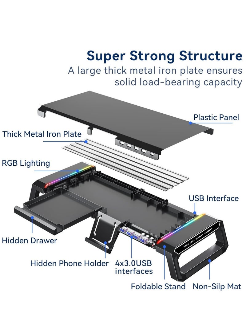 قاعدة شاشة ألعاب RGB مع 4 منافذ USB 3.0، قابلة للتعديل بالطول، درج تخزين، وحامل تابلت/هاتف - أسود - Image 4