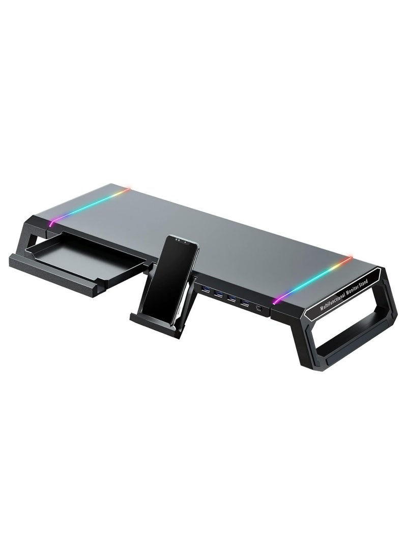قاعدة شاشة ألعاب RGB مع 4 منافذ USB 3.0، قابلة للتعديل بالطول، درج تخزين، وحامل تابلت/هاتف - أسود - Image 1