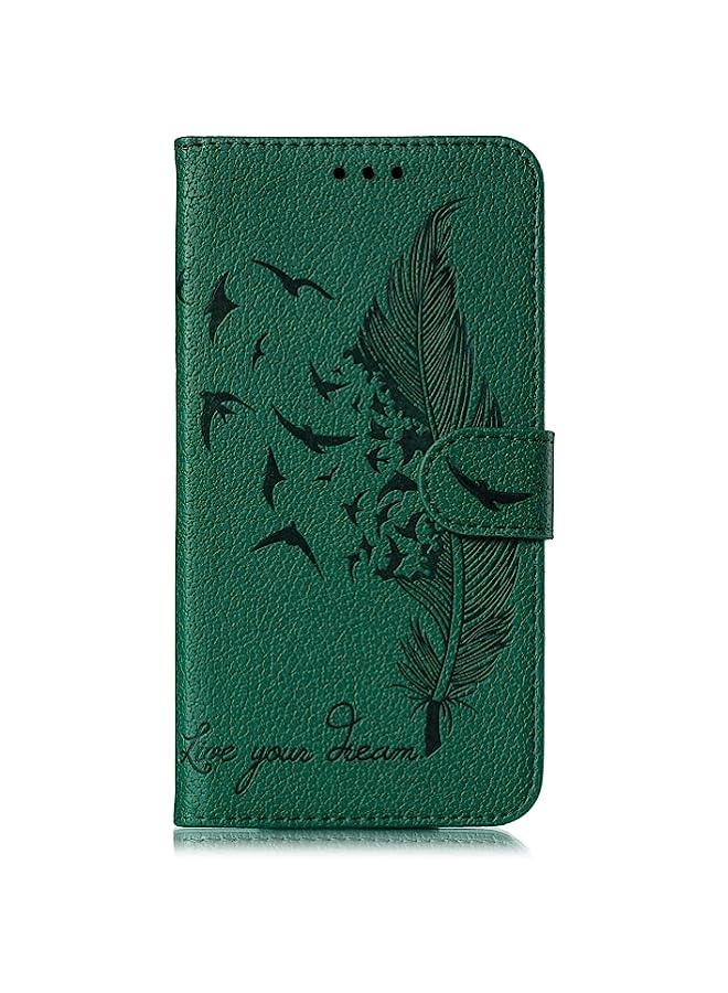 HuHa Case Cover Compatible For Motorola Moto G5 Plus 5G Feather Pattern Litchi Texture Horizontal Flip Leather Case with Wallet & Holder & Card Slots Green