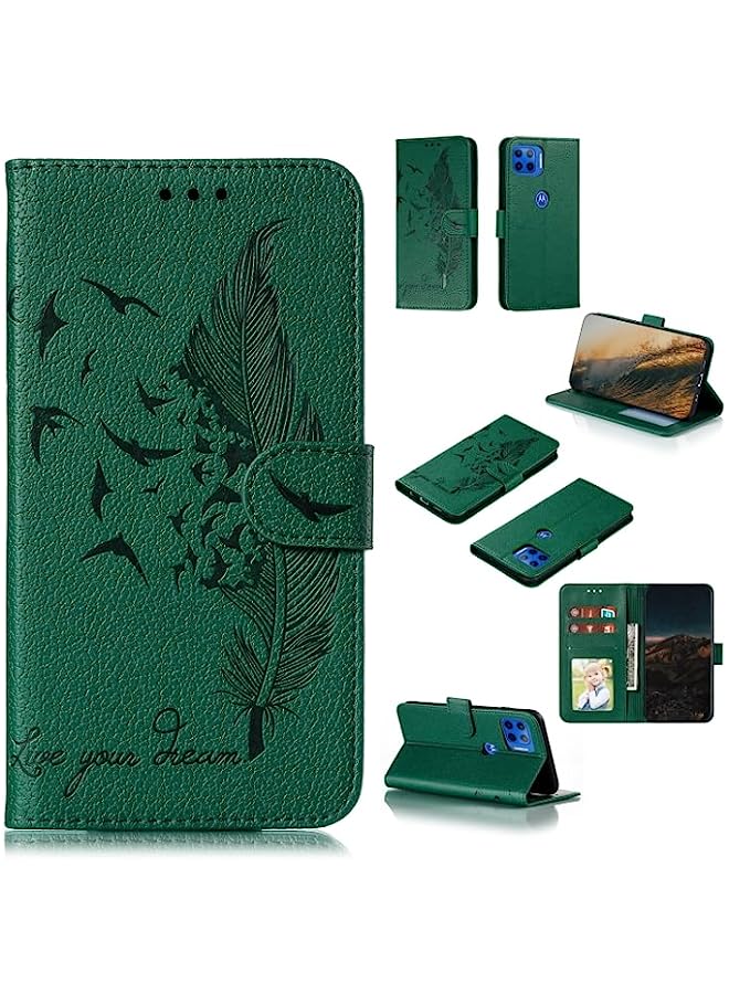 HuHa Case Cover Compatible For Motorola Moto G5 Plus 5G Feather Pattern Litchi Texture Horizontal Flip Leather Case with Wallet & Holder & Card Slots Green
