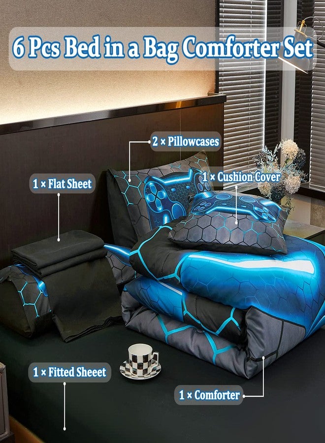 Tasselily Game Console Blue Comforter Set with Sheets, 6 Pcs Bed in A Bag Geometric Lightweight Boys Full Size Bedding Set for Kids Teens - Image 2