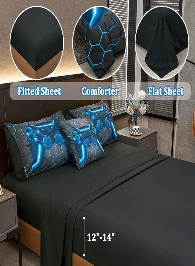 Tasselily Game Console Blue Comforter Set with Sheets, 6 Pcs Bed in A Bag Geometric Lightweight Boys Full Size Bedding Set for Kids Teens - Image 4