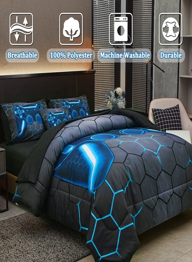 Tasselily Game Console Blue Comforter Set with Sheets, 6 Pcs Bed in A Bag Geometric Lightweight Boys Full Size Bedding Set for Kids Teens - Image 3