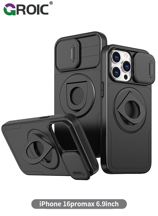 GROIC Black iPhone 16 Pro Max Case with Slide Camera Cover & Kickstand, Drop Protection, Rugged Hard Back & Silicone Edge Wallet Phone Case - Image 1
