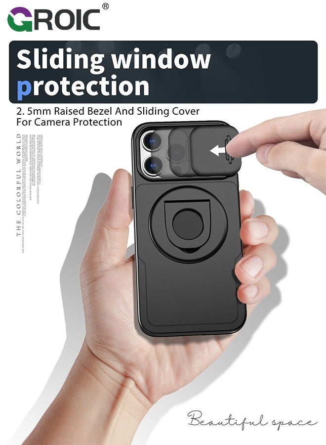 GROIC Black iPhone 16 Pro Max Case with Slide Camera Cover & Kickstand, Drop Protection, Rugged Hard Back & Silicone Edge Wallet Phone Case - Image 2