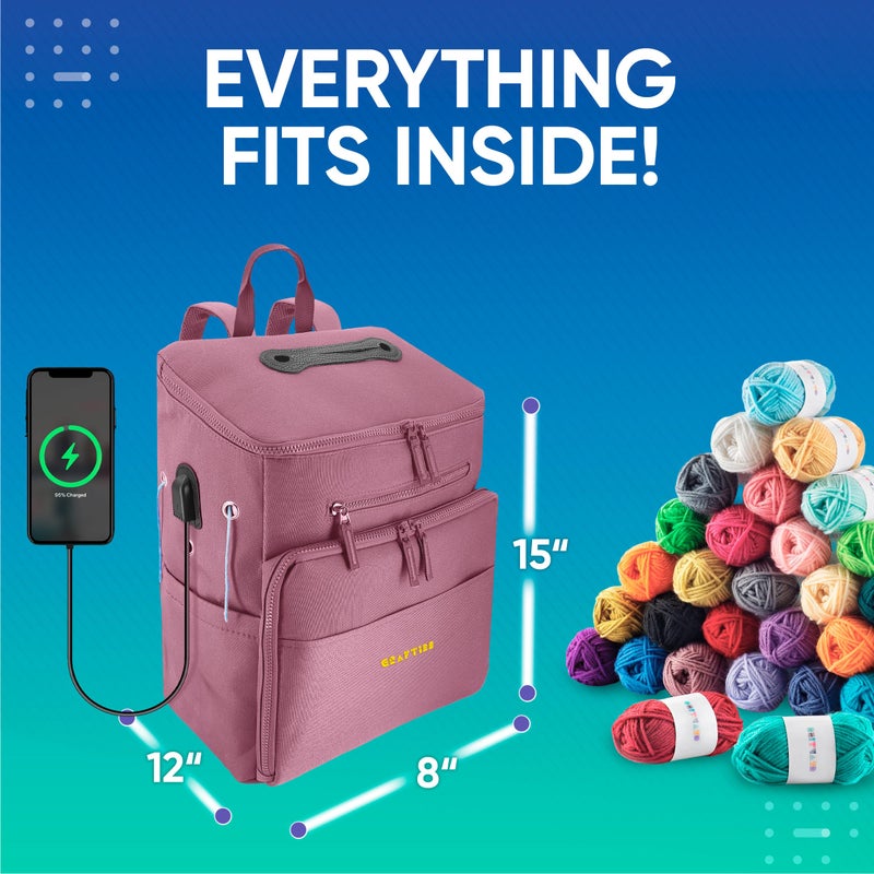 CRAFTISS Crochet Bag Yarn Storage - Valentine's Day Gift - Durable Canvas Yarn Bag for Crochet Accessories â€“ Backpack Organizer with Knitting Accessories Pockets and USB Cable (Pink) - Image 4